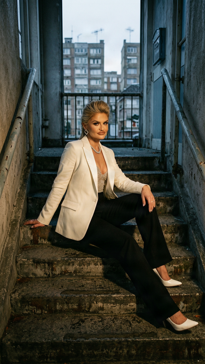 Danniella Westbrook in a cream blazer and black trousers seated on a concrete stairwell with tower blocks behind