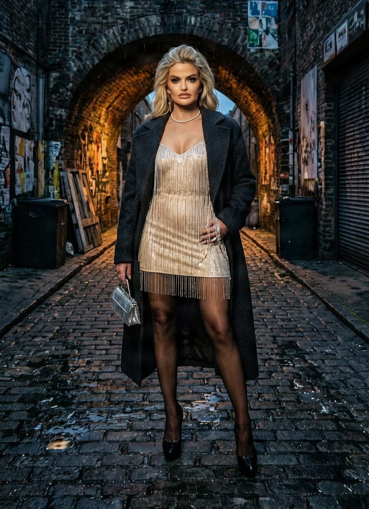 Danniella Westbrook in a gold fringed dress and long charcoal coat standing under a graffiti-covered East London railway arch