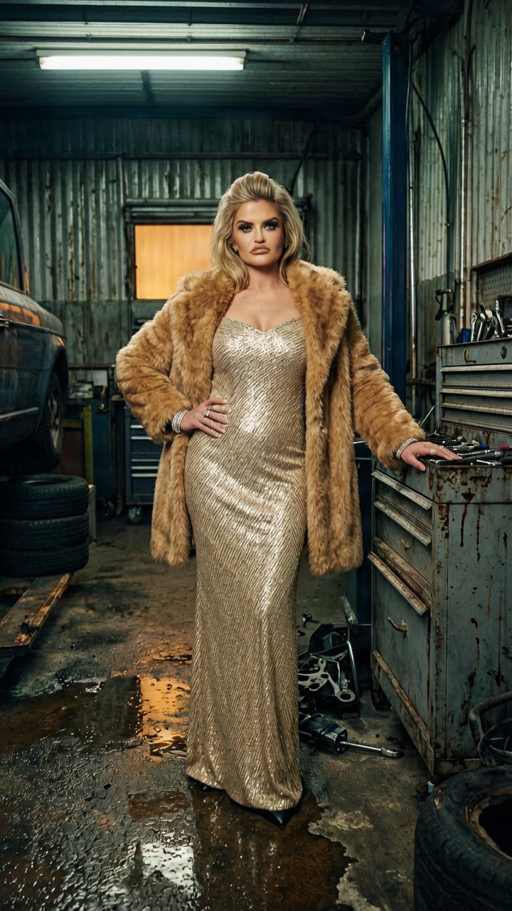 Danniella Westbrook in a gold sequin gown and fur coat standing in a corrugated metal repair garage