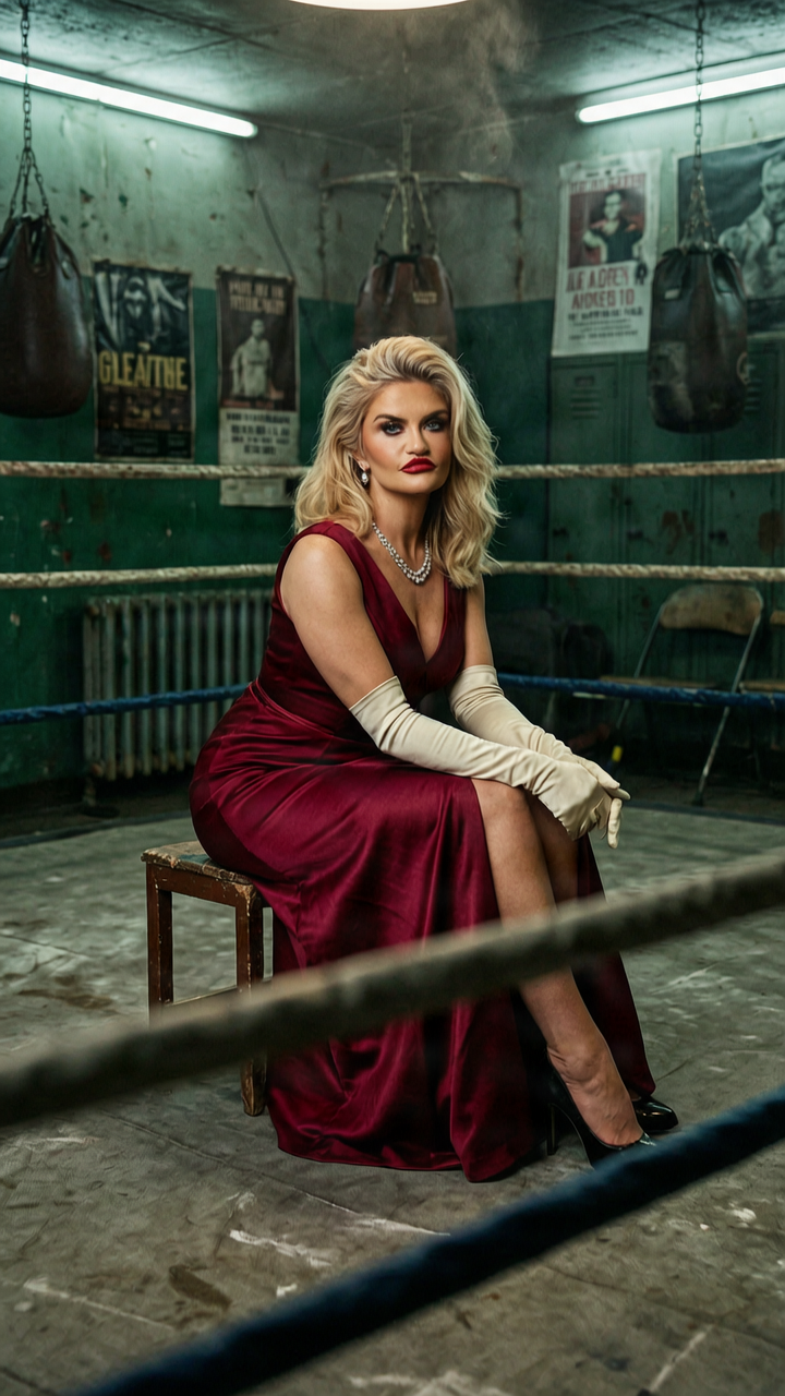Danniella Westbrook in a deep red satin gown and long gloves seated in a run-down East London boxing gym