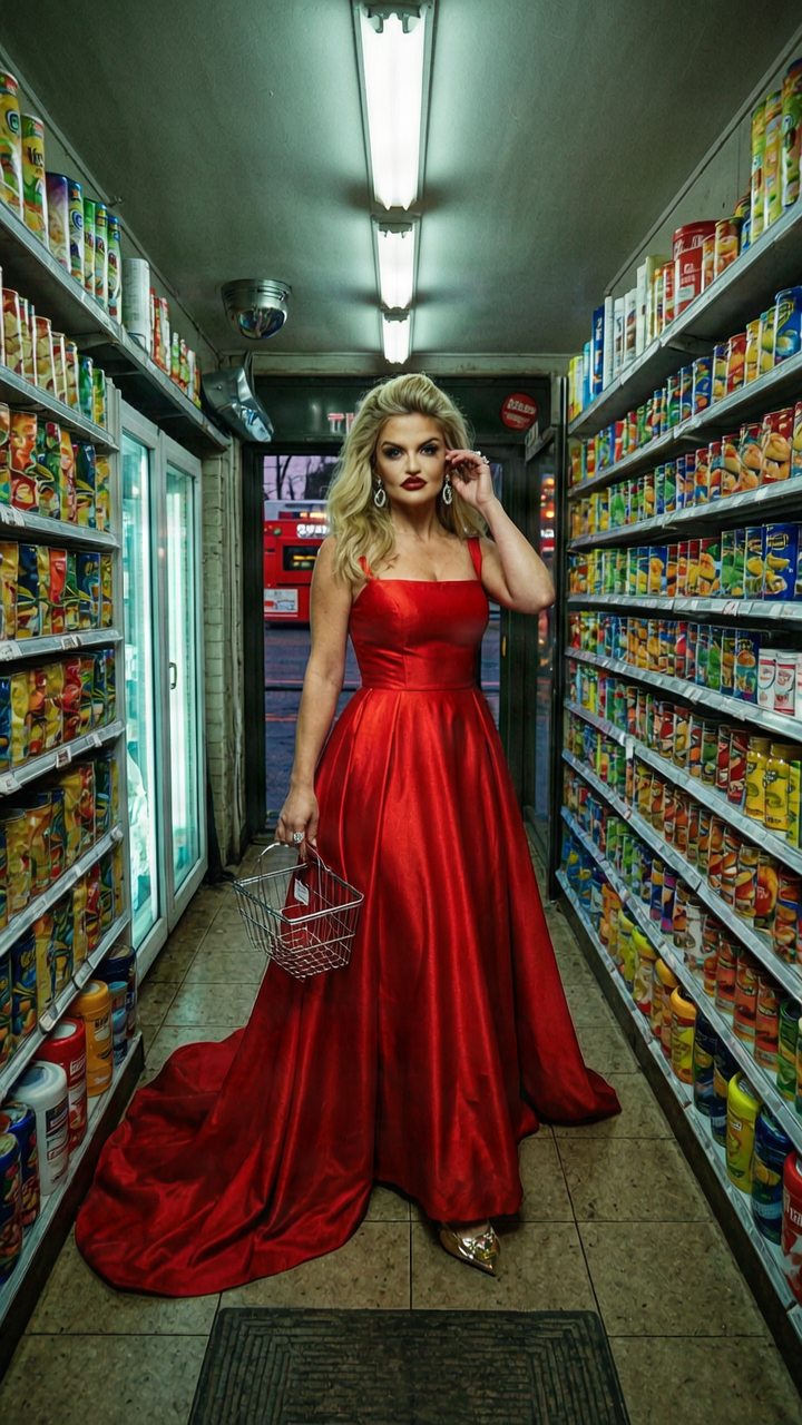 Danniella Westbrook in a red ballgown with a shopping basket in the aisle of an East London corner shop
